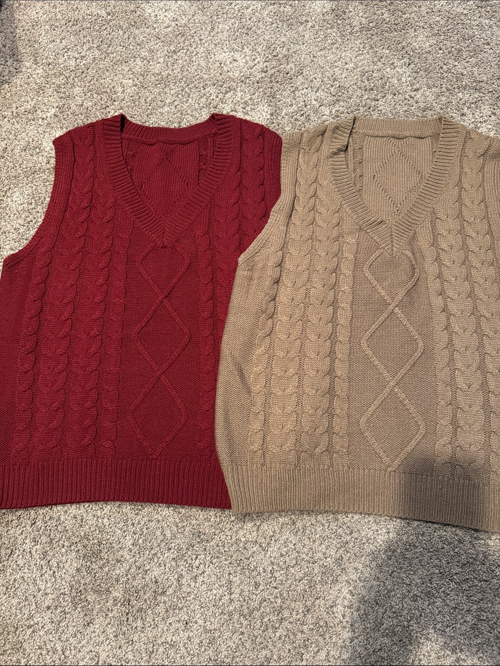 Women’s Cable Knit V-Neck Sweater Vest - Burgundy and Khaki